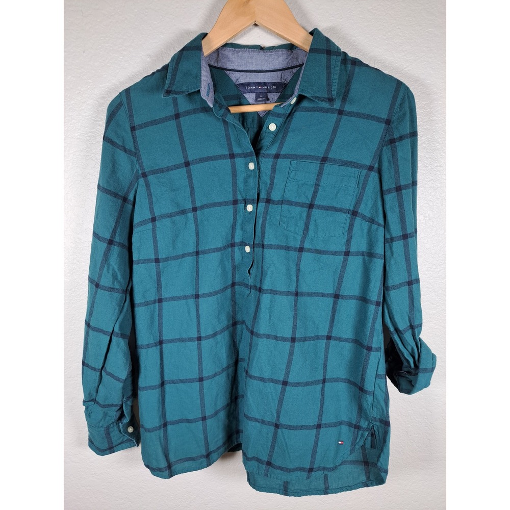 Tommy Hilfiger Womens Teal Green Plaid Flannel Pullover Shirt Medium Cotton